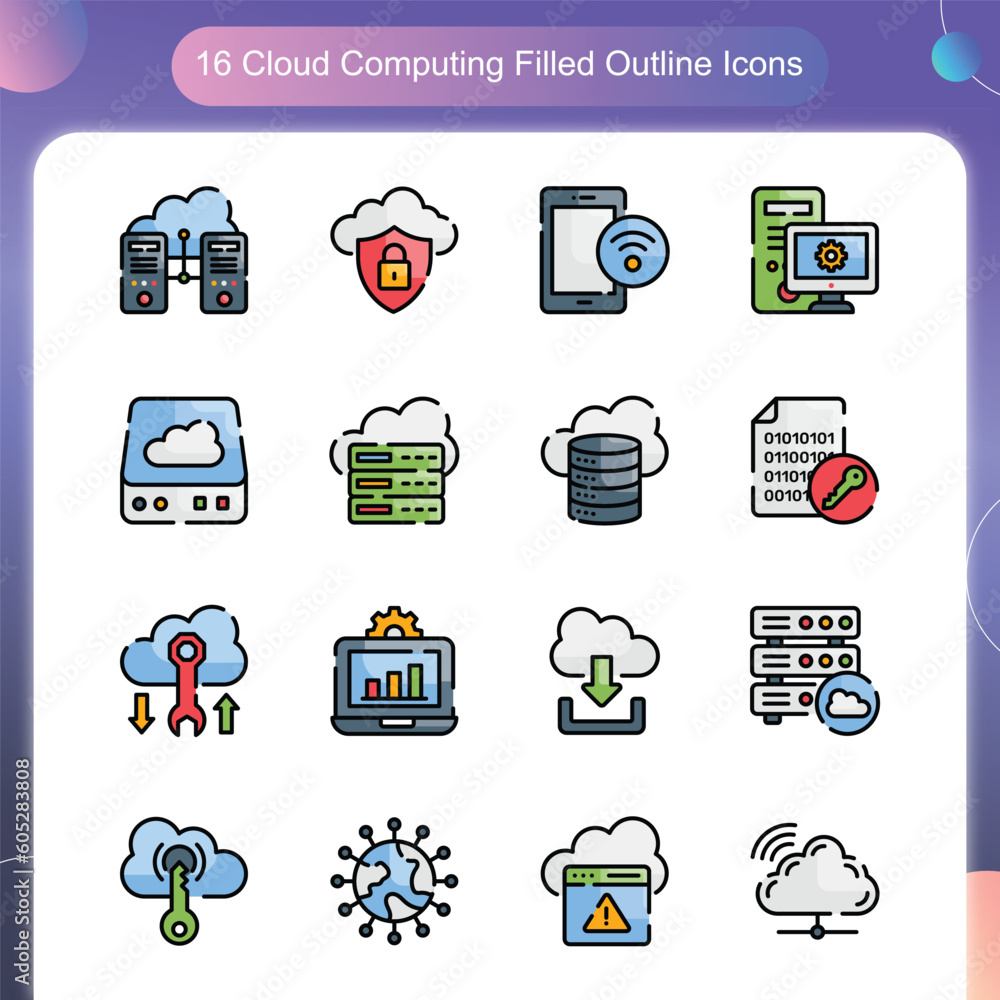 Poster cloud computing vector filled outline icon set illustration set 02