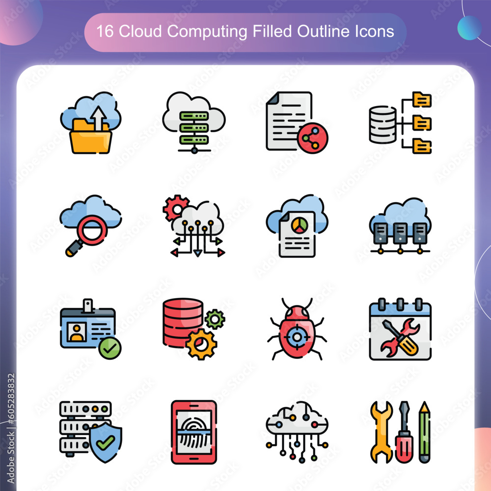 Poster cloud computing vector filled outline icon set illustration set 01