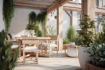 Fototapeta premium Modern cozy wooden terrace, eco interior design with beige colors and plants. Super photo realistic background, generative ai illustration