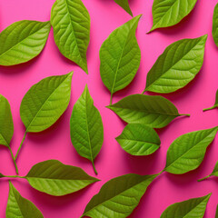 Pink Autumn Delight: Beautiful green foliage standing out against a lush pink background, showcasing the natural beauty. Generative AI illustration.