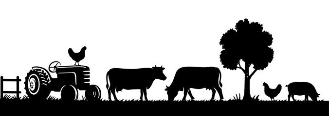Black silhouettes of farm animals. Animals on White - 605284088