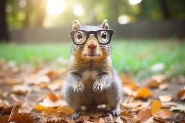 Fotobehang A fuzzy squirrel with oversized glasses, peering curiously at an acorn Generative AI © Denis Yevtekhov