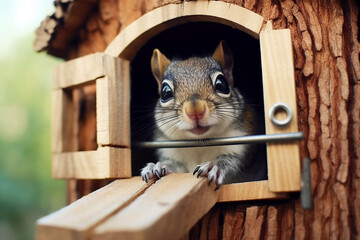 A fuzzy squirrel wearing trendy glasses, peeking out of a cozy little treehouse Generative AI