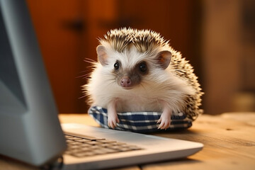 A small hedgehog with square-framed glasses, engrossed in a tiny laptop screen Generative AI