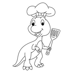 Funny dino chef cartoon vector coloring page