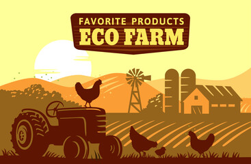 Old tractor in field silhouette with farm barn. © bioraven