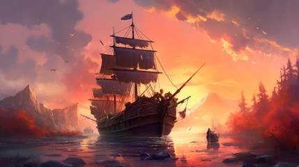 Fototapeta premium Game art piece that depicts a pivotal moment in the middle of an epic journey