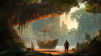 Game art piece that depicts a pivotal moment in the middle of an epic journey