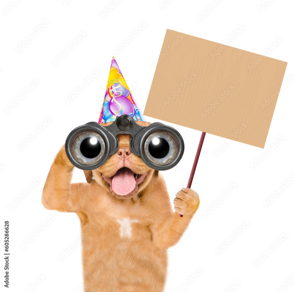 Poster happy mastiff puppy looks through binoculars and shows empty placard. isolated on white background