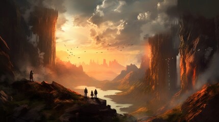 Obraz premium Game art piece that depicts a pivotal moment in the middle of an epic journey