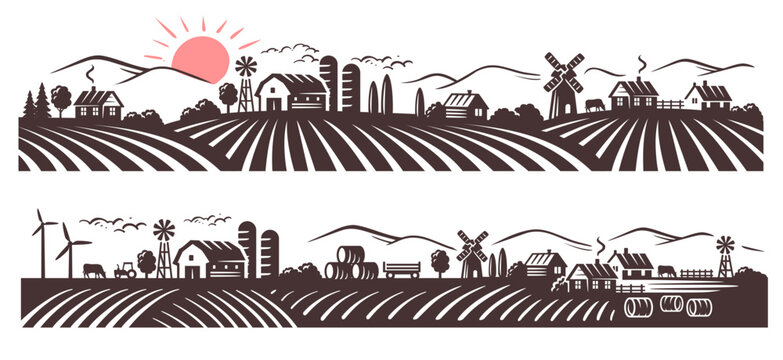 Farm and field black vector. Retro rural landscapes