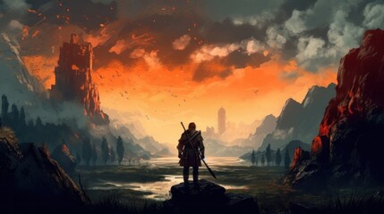 Game art piece that depicts a pivotal moment in the middle of an epic journey