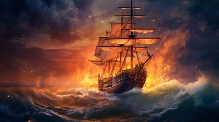 Obraz premium Painting sailboat in the ocean vintage sailboat Generative AI