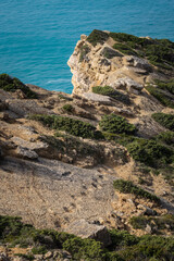 Dinosaur footprints at Cape Espichel in Nature park of Arrabida, Portugal