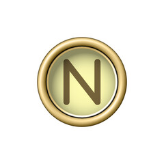 Letter N. Vintage golden typewriter button isolated on white background. Graphic design element for scrapbooking, sticker, web site, symbol, icon. Vector illustration.