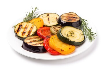 Fototapeta na wymiar Grilled vegetables on a plate isolated on white background. Generative AI
