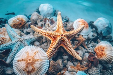 Fototapeta na wymiar Close-up of starfish and shells in the ocean. Undersea world. Generative AI
