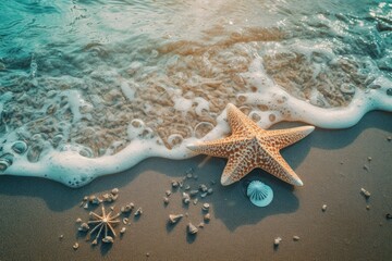 Fototapeta na wymiar Big beautiful starfish on the seashore. Generative AI