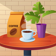 Illustration wooden table with cup of coffee, backgroun vector illustration.