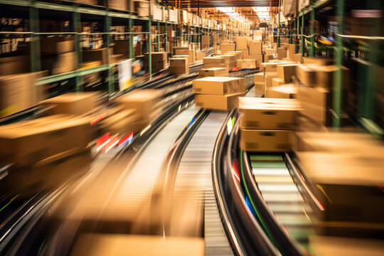 Parcels and boxes on a distribution production line. Generative ai