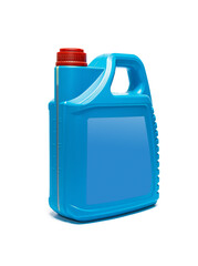Plastic canister with compressor oil on a white background.