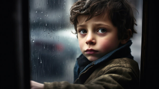 A small child alone and sad, gazes through his window, his innocent eyes flooded with tears. The room echoes his solitude, his tiny face a canvas of heart-wrenching sorrow. Generative AI