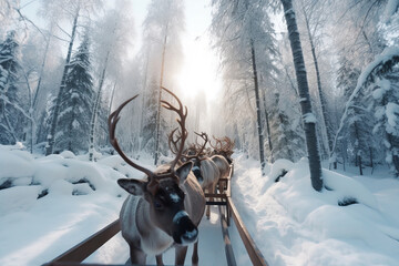 Reindeer pulling a sleigh through a snow covered winter forest. Generative ai