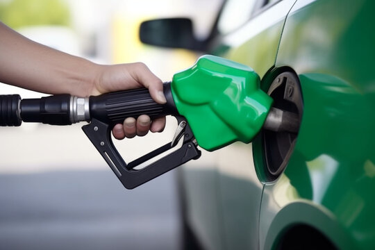 A man's hand holds green fuel nozzle into the gas tank of a car at the gas station