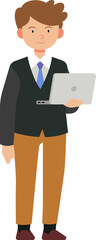 Businessman character stand and use laptop illustration