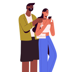 Couple using mobile phone together. Happy man pointing with finger, woman uses smartphone, searching information with internet, cellphone. Flat vector illustration isolated on white background