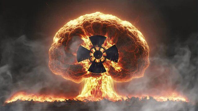 mushroom of fire of a nuclear explosion in the skyline creating a nuclear fire with nuke symbol. Apocalyptic war