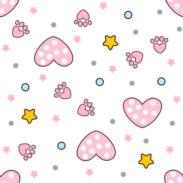 Vector seamless pattern with hearts and paws of pets on a white background. Colorful hearts, paws, polka dots and stars. Ideal for textiles, fabrics, packaging, wrapping paper and more