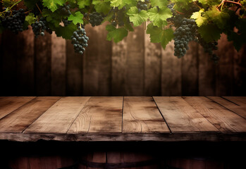 Empty wooden table with grape vine background. Generative AI