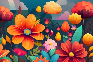 Fototapeta na wymiar Background with plants and flowers in cartoon flat style. AI generation 