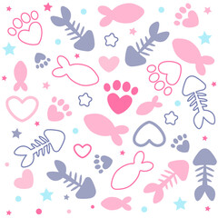 Vector seamless pattern with paw prints, hearts, bones and fish. Cat food. Suitable for pet store websites, social media posts, pet product design and much more