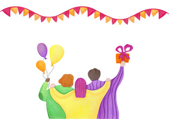 group of Happy People Congratulate on holiday, Birthday, hold balloons and gift boxes with presents in their hands. Watercolor invitation to party, greeting card for Friends on 