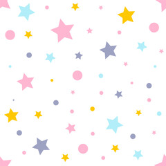 Vector seamless pattern with multicolored stars and polka dots on a white background. Simple cute pattern. Ideal for textiles, fabrics, packaging, wrapping paper and more