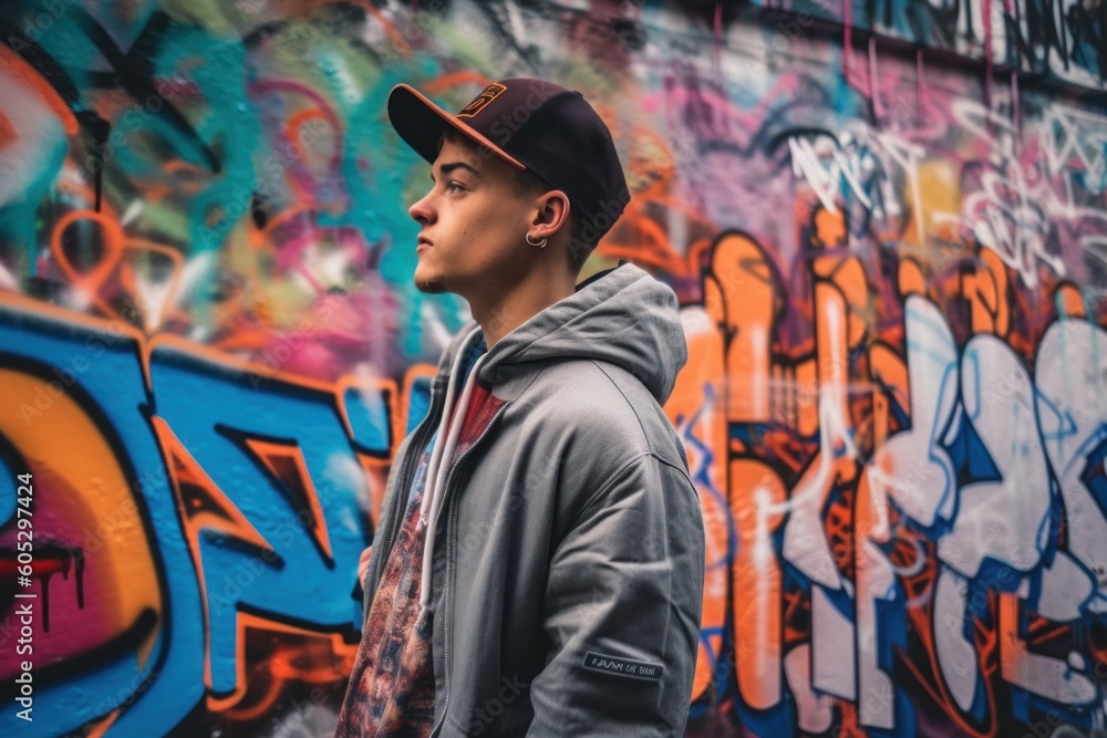 Poster a man standing in front of a graffiti covered wall. generative ai image.