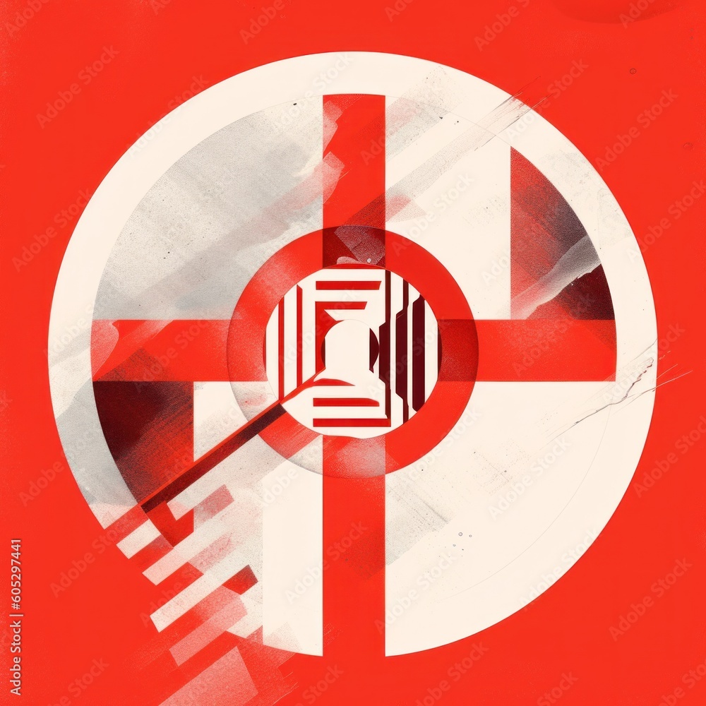 Poster A red and white poster with a cross on it. Generative AI image.