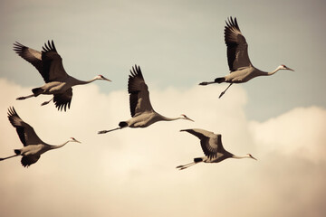 A group of cranes flying in formation representing freedom and elegance