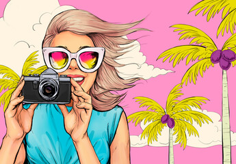 Smiling young woman in glasses with photo camera .  Vintage advertising poster of vacations or tourism with lady  in comic style. Expressive facial expressions - 605299087