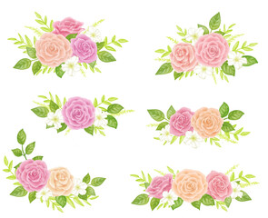Decorative set of dull colored roses painted in digital watercolor