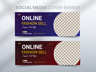 Online fashion sell social media facebook cover web banner template. Professional web banner or unique social media banner templates with modern color blue & black 