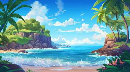 Tropical Summer beach. Palms and plants around. Cartoon illustration. Summer vacation on sea coast. generative AI.