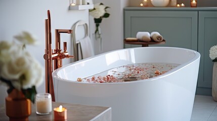 Modern interior classic white bathtub with copper faucet and decor in contemporary bathroom generative ai