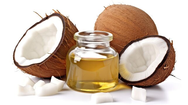 Coconut oil with coconut fruits on white background