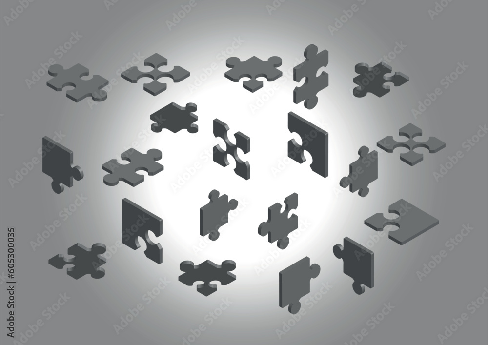 Poster view of different shape of puzzles isolated on gray background