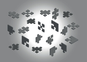 View of different shape of puzzles isolated on gray background
