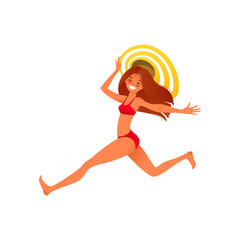 Fototapeta na wymiar Happy girl wearing swimsuit. Cartoon illustration of a running and smiling young woman with long hair holding big hat isolated on a white background. Summer vacation concent. Vector 10 EPS.
