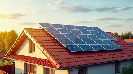 Fototapeta premium Solar panels on the roof of the house garage are renewable energy generative ai